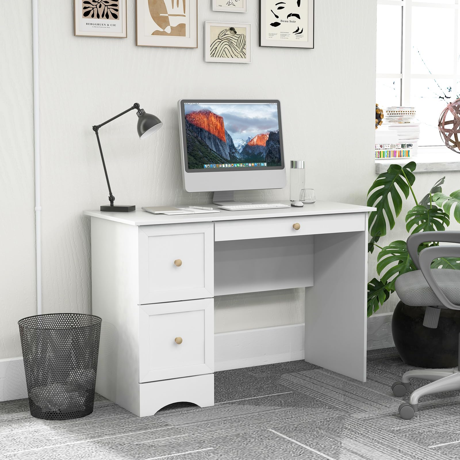 White Desk with 3 Drawers, Wooden Home Office Desk PC Laptop Notebook Desk