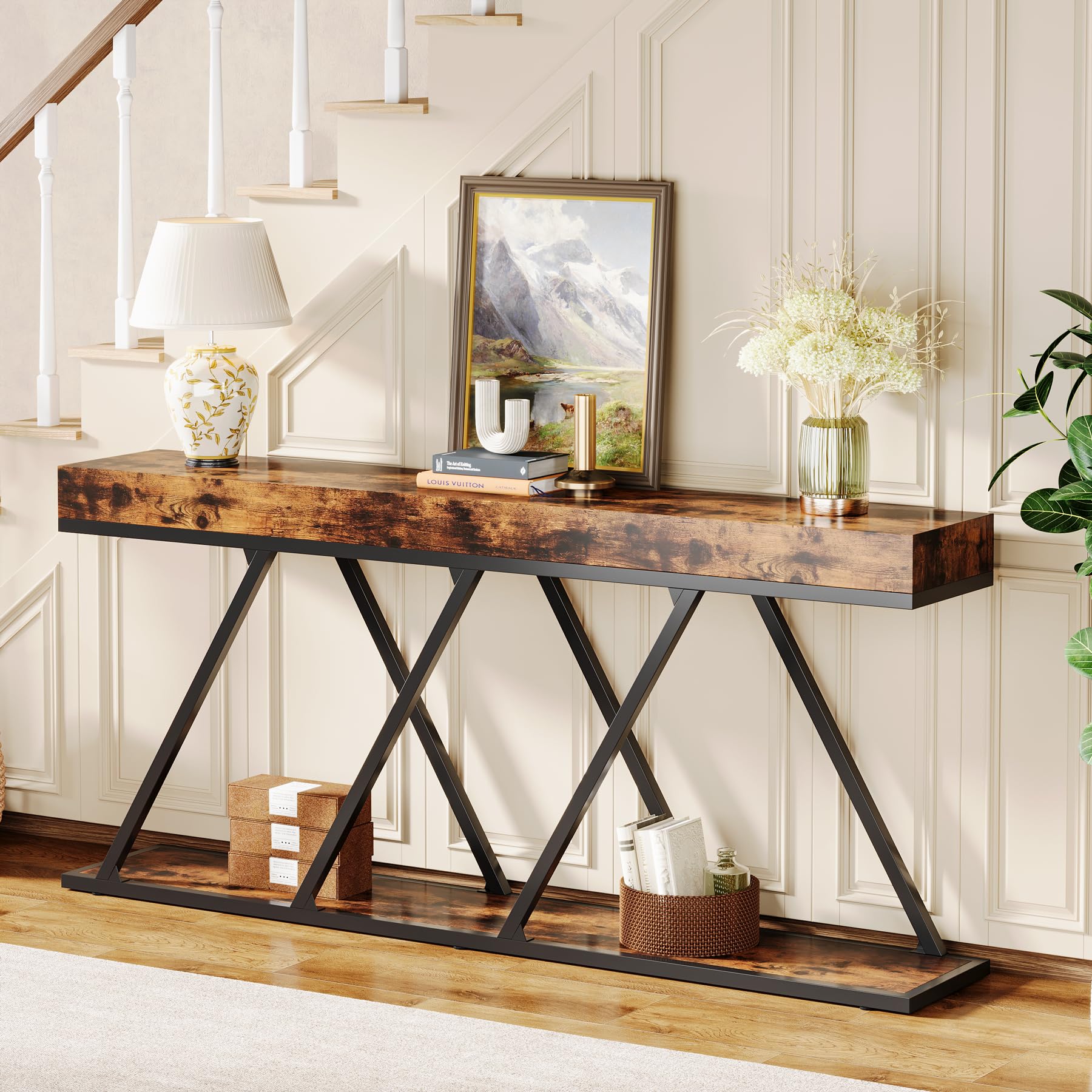 Extra Long Console Table, 70.87" Farmhouse Entryway Table with Unique Metal Base,