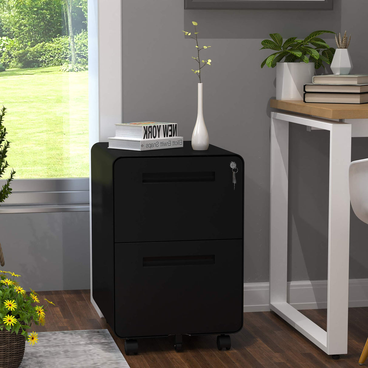 2 Drawer Rolling File Cabinet, Metal Mobile Filing Cabinet with Lock Under Desk