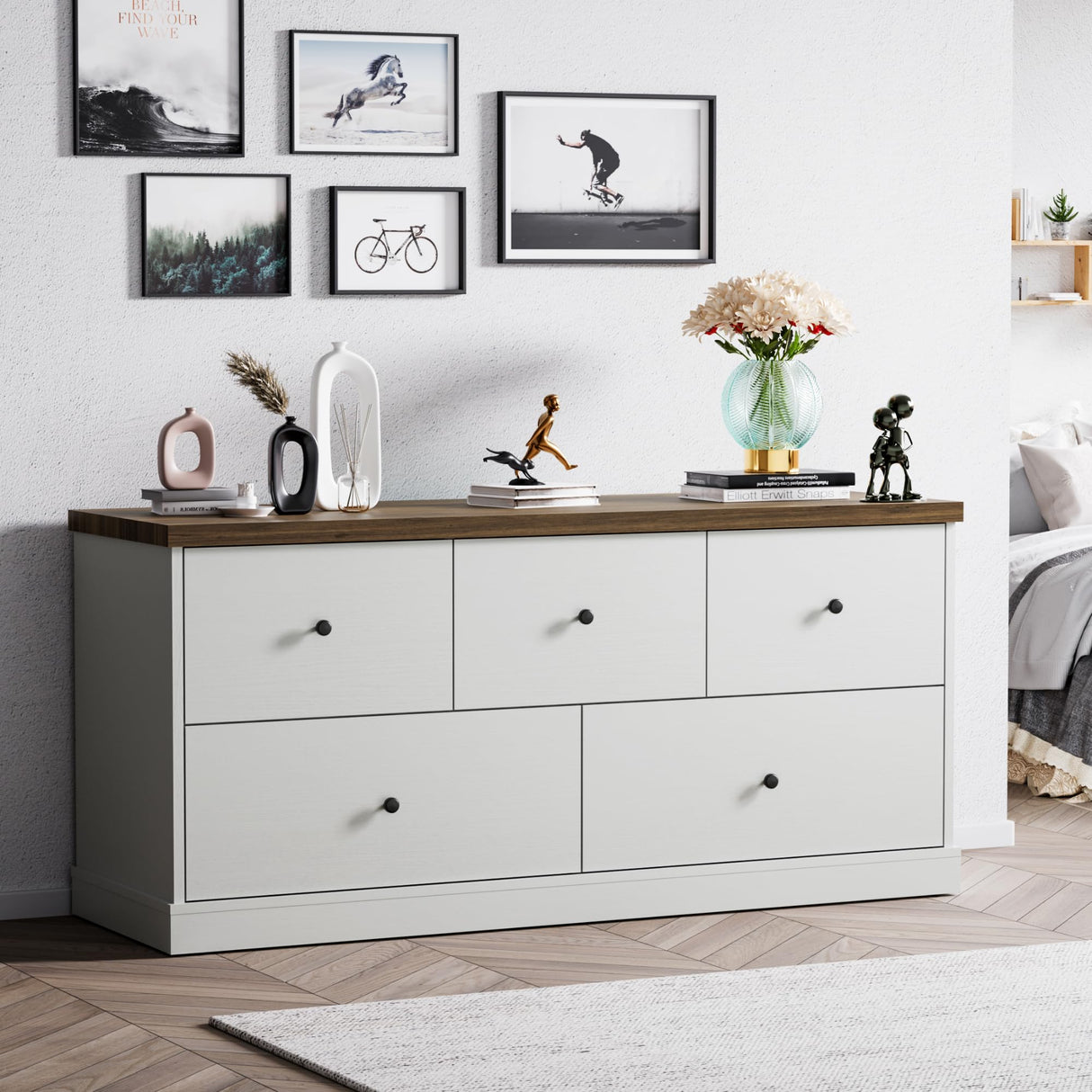 Wooden Dresser for Bedroom, Wide Chest of Drawers with 5 Drawers, Modern Minimalist