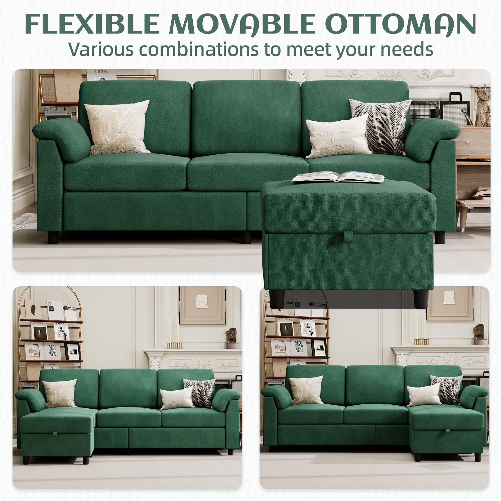 Vongrasig Convertible Sectional Couch, 3 Seat L Shaped Sofa with Removable