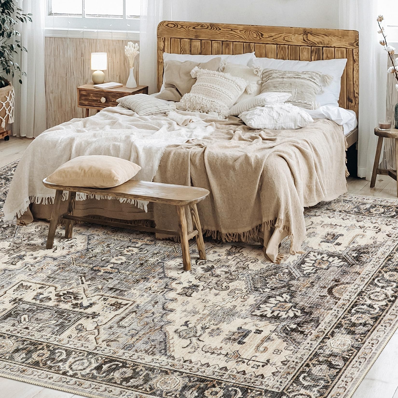 Area Rug Living Room Rugs - 8x10 Soft Machine Washable Oriental Vintage Floral