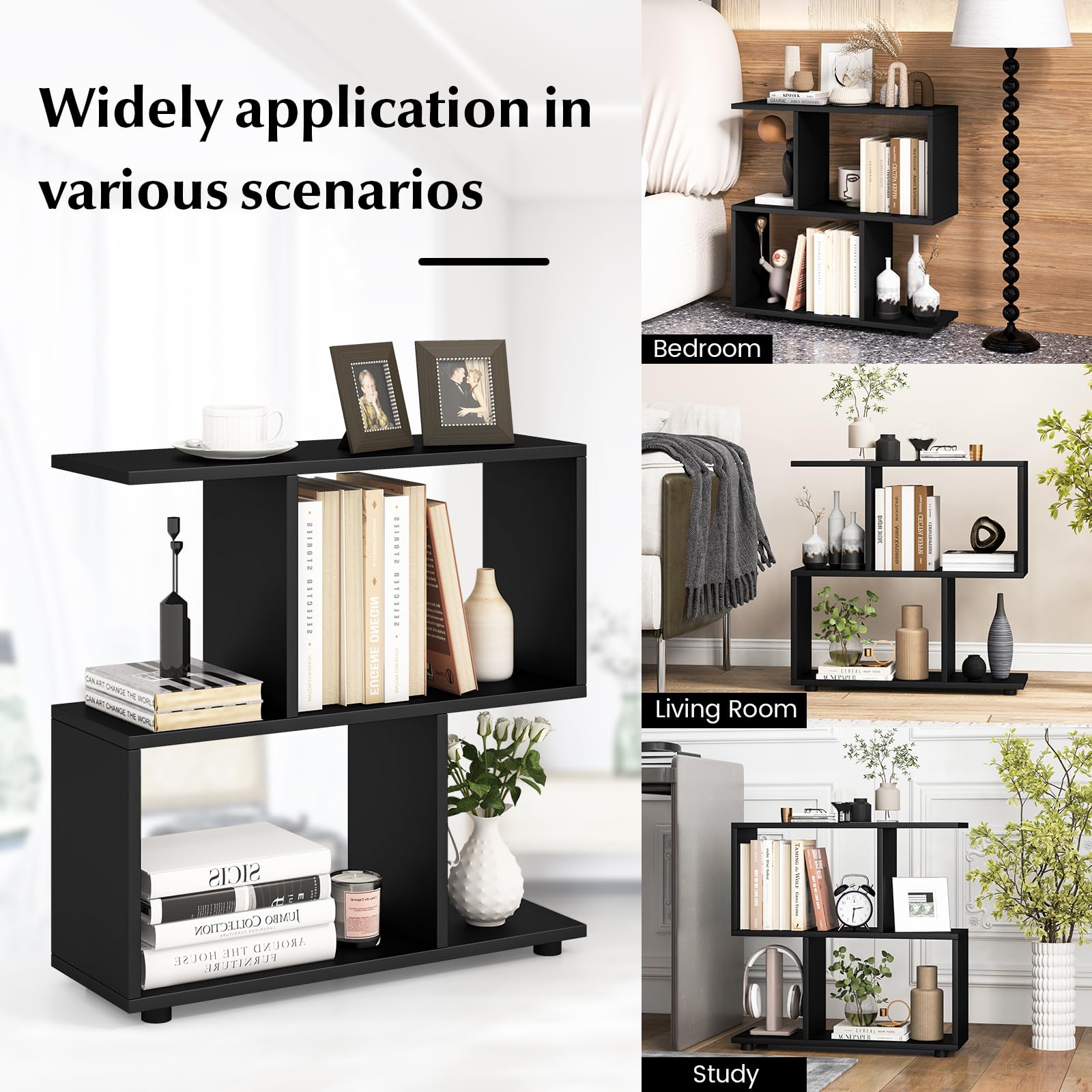 3-Tier Geometric Bookshelf, 24" Tall Wood S-Shaped Display Shelves with Thick Foot Pads, Freestanding Open Shelves Nightstand, Floor Standing Display Shelf Bookcase, Black