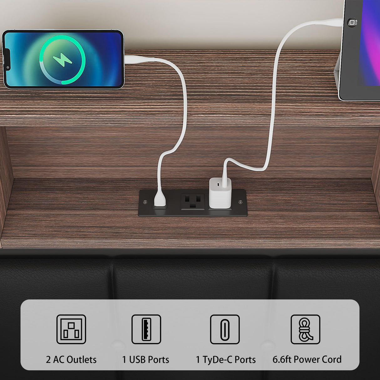 Queen Metal Bed Frame with Wooden Headboard and LED Charging Station