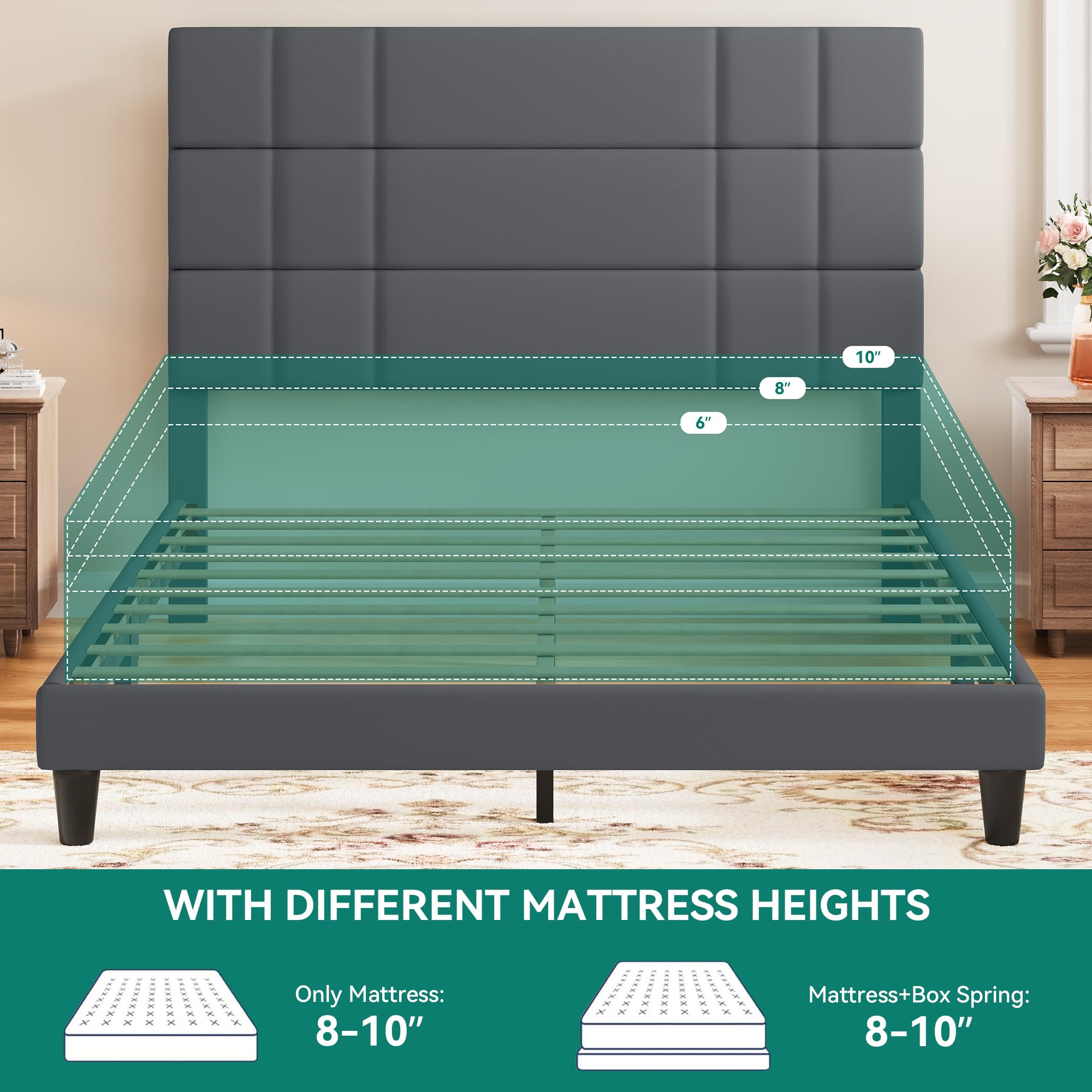 Queen Size Bed Frame Linen Fabric Upholstered Platform with Headboard and Strong Wooden Slats,