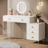 5-Drawer White Vanity Desk, Modern Extendable Makeup Desk with Acrylic Base and Legs, Small Dressing Table for Women Girls, Multifuctional Vanity Table for Bedroom