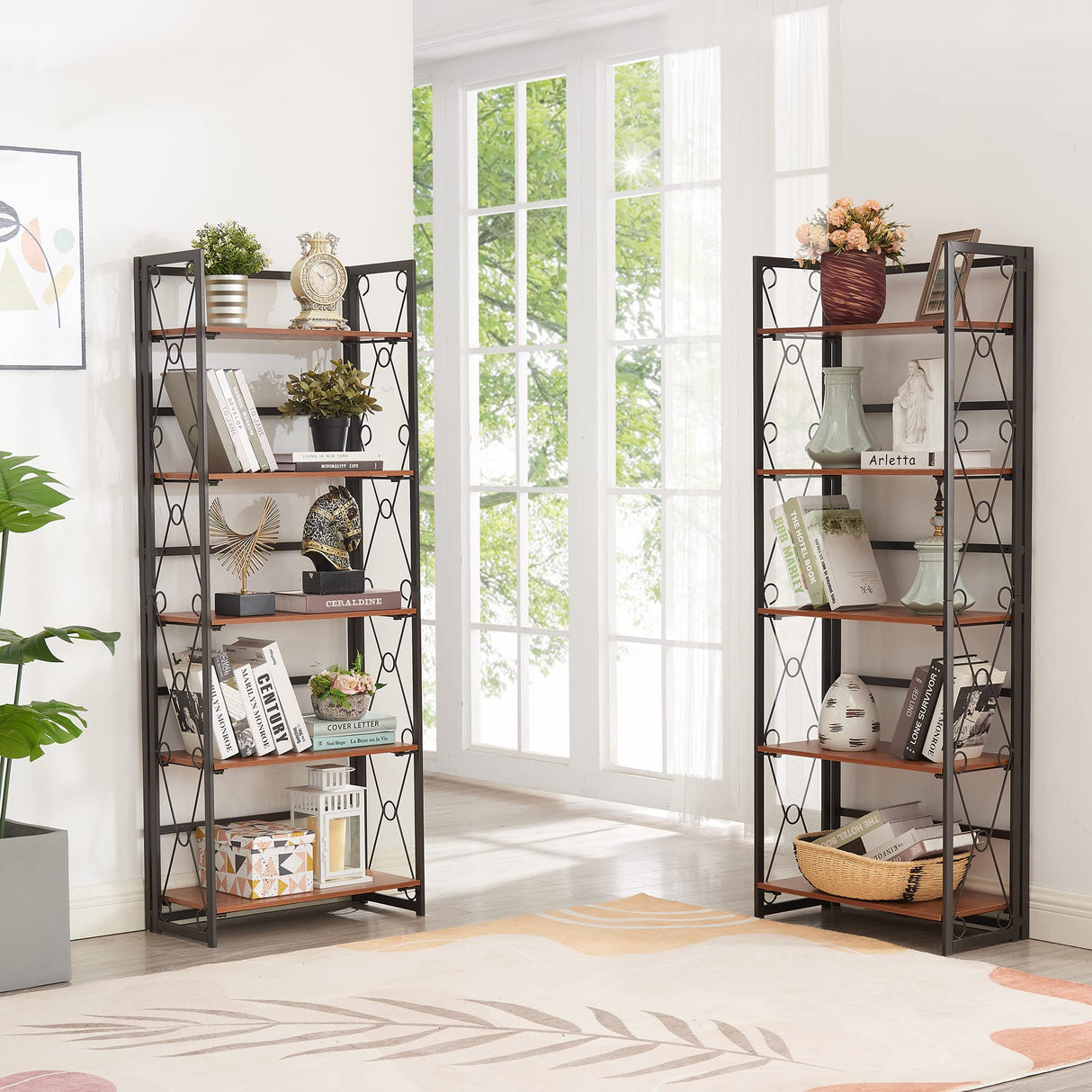 Folding Bookshelf,5 Tier Bookcase Foldable Easy Assembly, Industrial Book Shelf Storage Organizer with X Metal Frame and Anti-Toppling Design,