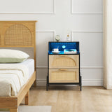 Rattan Nightstand with Charging Station and LED Lights, Bedside Table