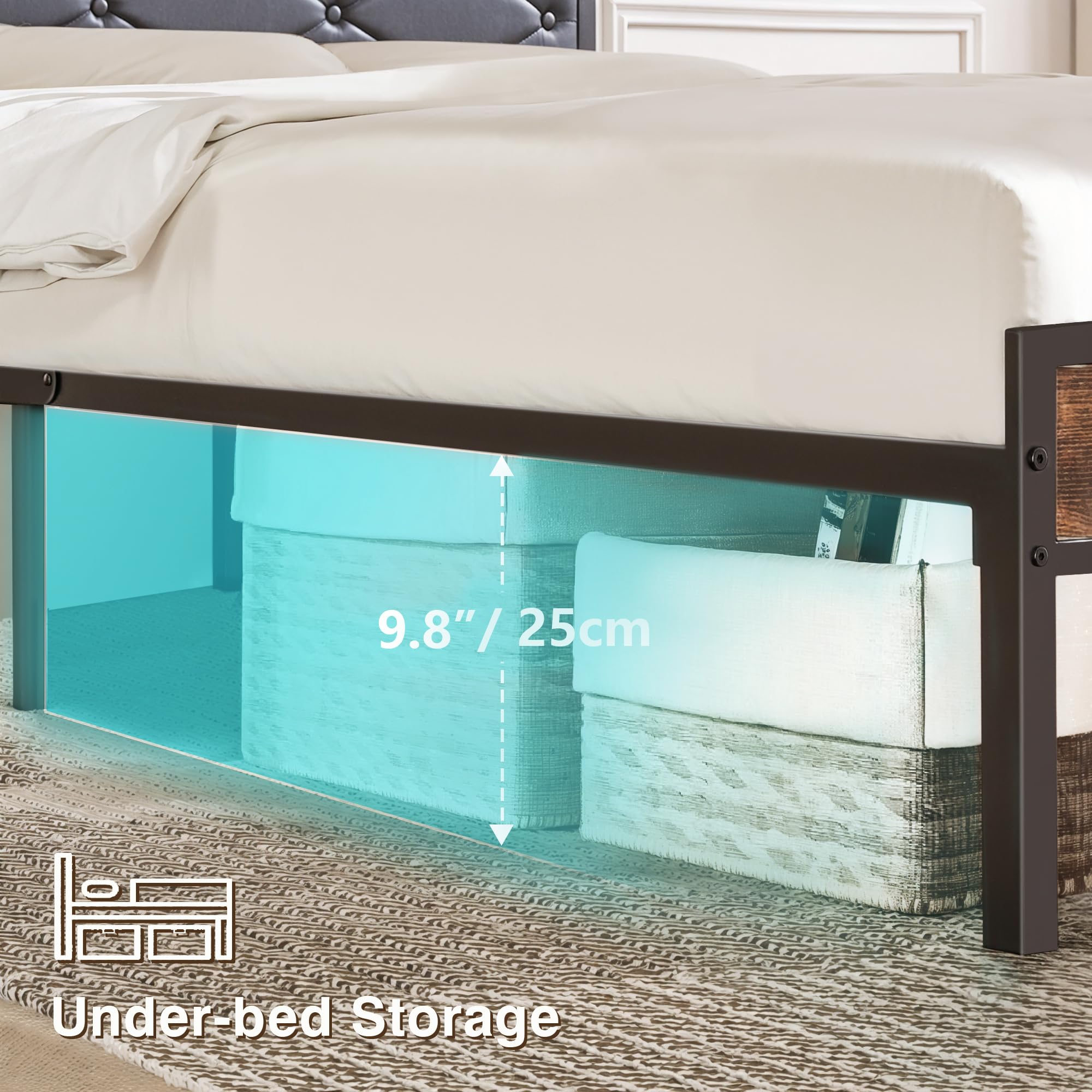 Full Size Metal Bed Frame with LED Lights, USB Charging & Storage