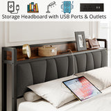 King Size Bed Frame, Storage Headboard with Charging Station, Solid and Stable