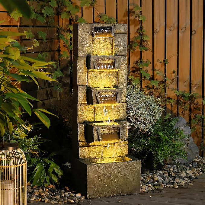 40.94''H Water Fountain Outdoor with LED and Pump, 4 Tiered Large Garden Waterfall