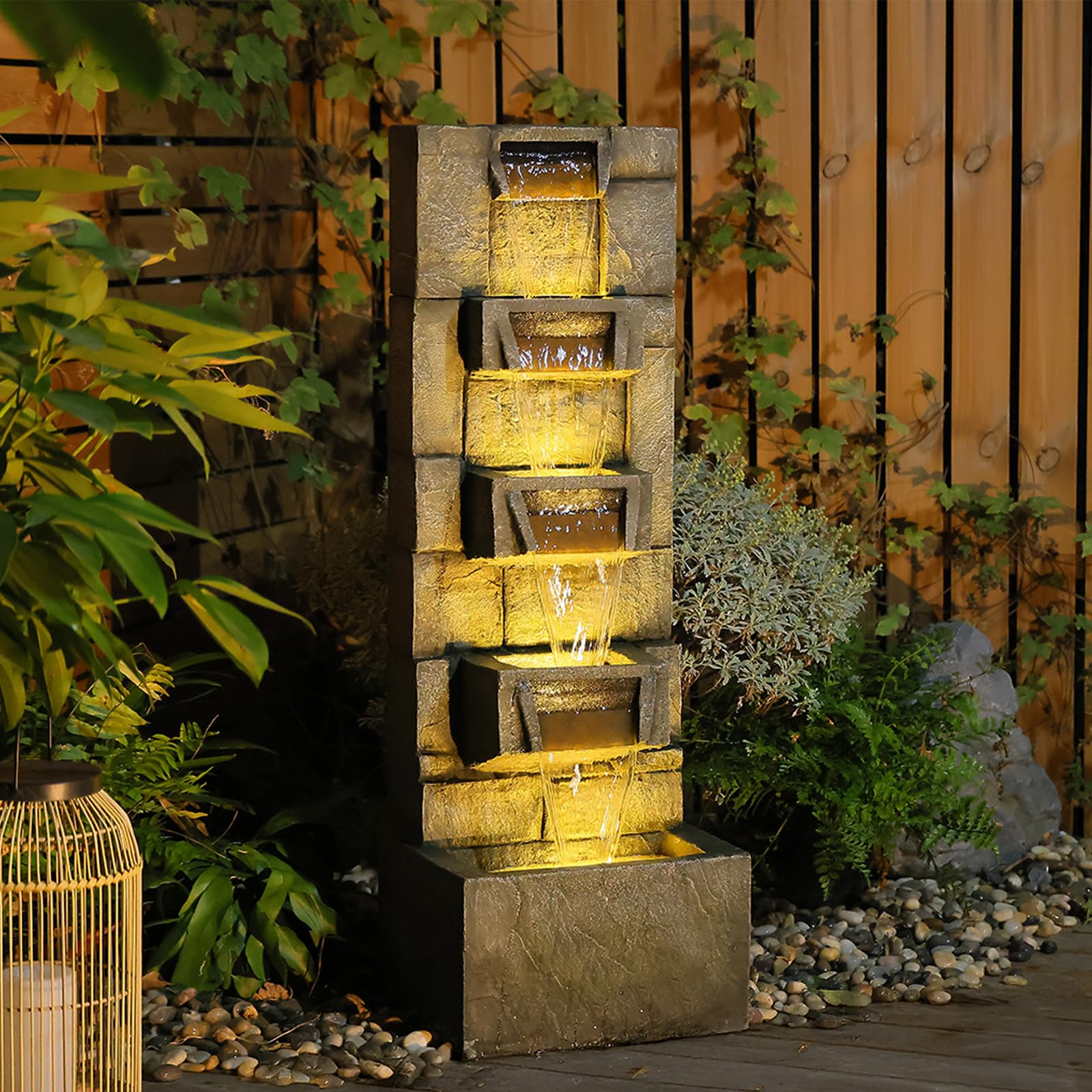 41" Tall Outdoor Water Fountain – Modern Cascading Waterfall with Lights, 4-Tier Outdoor
