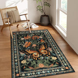 Washable Living Room Rug, Butterfly Area Rugs 5x7 Green Floral Area Rug,