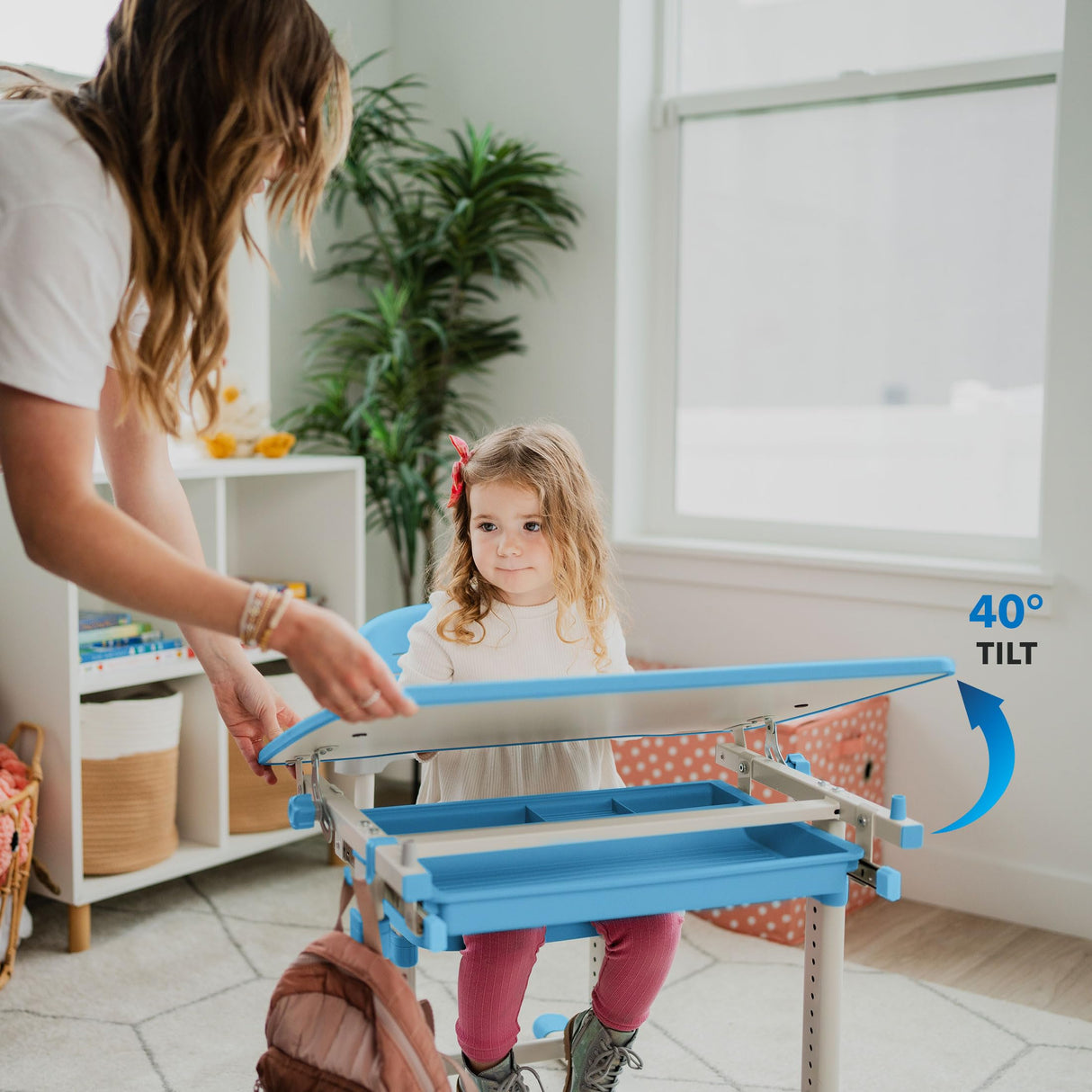 Desk and Chair Set, Height Adjustable Sturdy, Girl Desk, Kids Art Desk, Kids Study Desk and Chair Set for Boys, Home School, Drafting Desk, Ergonomic Childrens Storage Drawer Blue