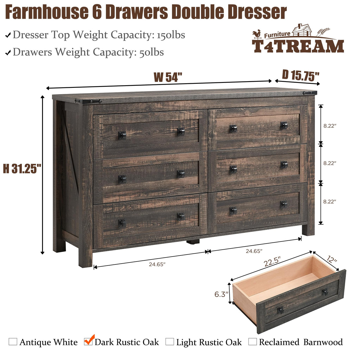 Farmhouse 6 Drawers Dresser for Bedroom, Wood Rustic Wide Chest of Drawers,