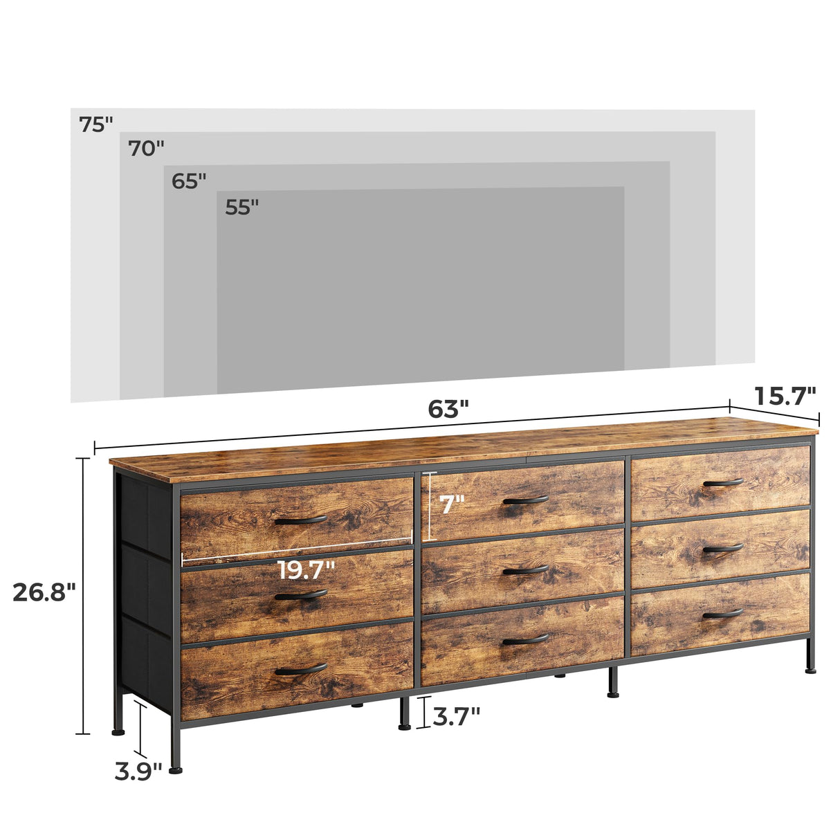 9 Drawer Dresser, 63 Inch Dresser TV Stand for 55, 65, 70 Inch TV