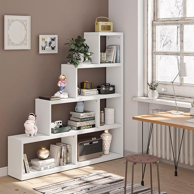 4 Tier Bookshelf, Step Bookcase with 6 Separate Storage Cubes, Wood Bookshelves and Bookcases, Geometric Display Shelf, Modern Book Shelf for Bedroom, Living Room, Home Office (Natural)