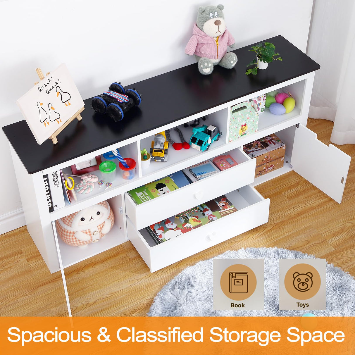 GarveeHome Kids Toy Storage Organizer - Large Storage Cabinet, Spacious Blackboard Desktop, Sturdy and Safe, Movable Drawers, for Bedroom, Playroom, Nursery, Kindergarten, White