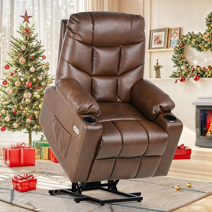 Electric Power Lift Recliner Chair for Elderly, Fabric Recliner Chair with Massage and Heat, Spacious Seat, USB Ports, Cup Holders, Side Pockets, Remote Control (Brown)