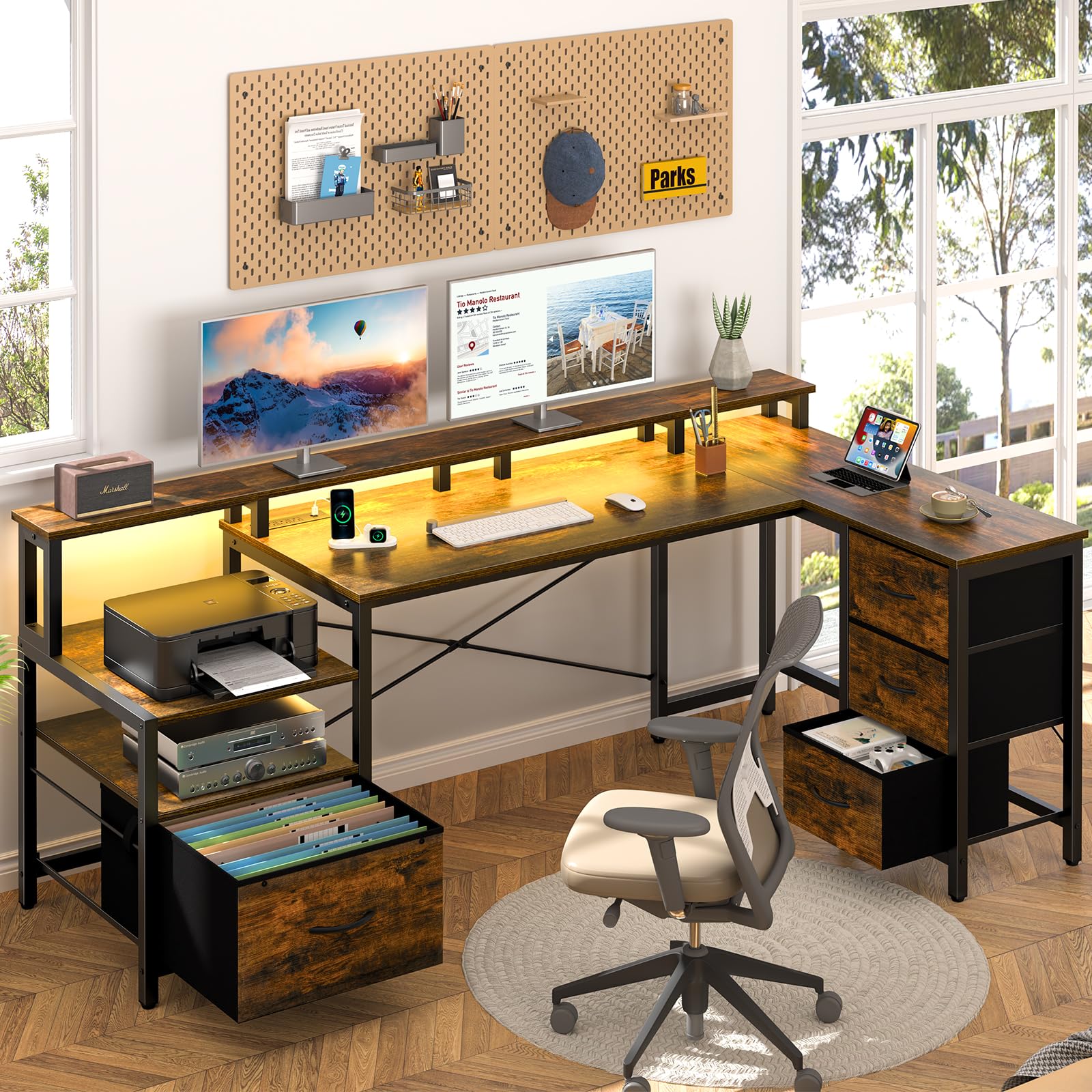 L Shaped Desk with Drawers, LED Computer Desk with Power Outlets, 75" Reversible