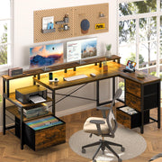 L Shaped Desk with Drawers, LED Computer Desk with Power Outlets, 75" Reversible