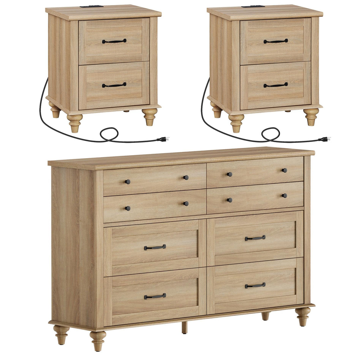 3 Piece Bedroom Set - Includes 8 Drawer Dresser for Bedroom, Set of 2 Nightstands with Charging Station & Drawers, 3 Piece Dresser and Nightstand Sets, Oak