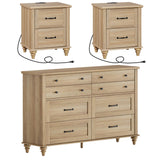 3 Piece Bedroom Set - Includes 8 Drawer Dresser for Bedroom, Set of 2 Nightstands with Charging Station & Drawers, 3 Piece Dresser and Nightstand Sets, Oak