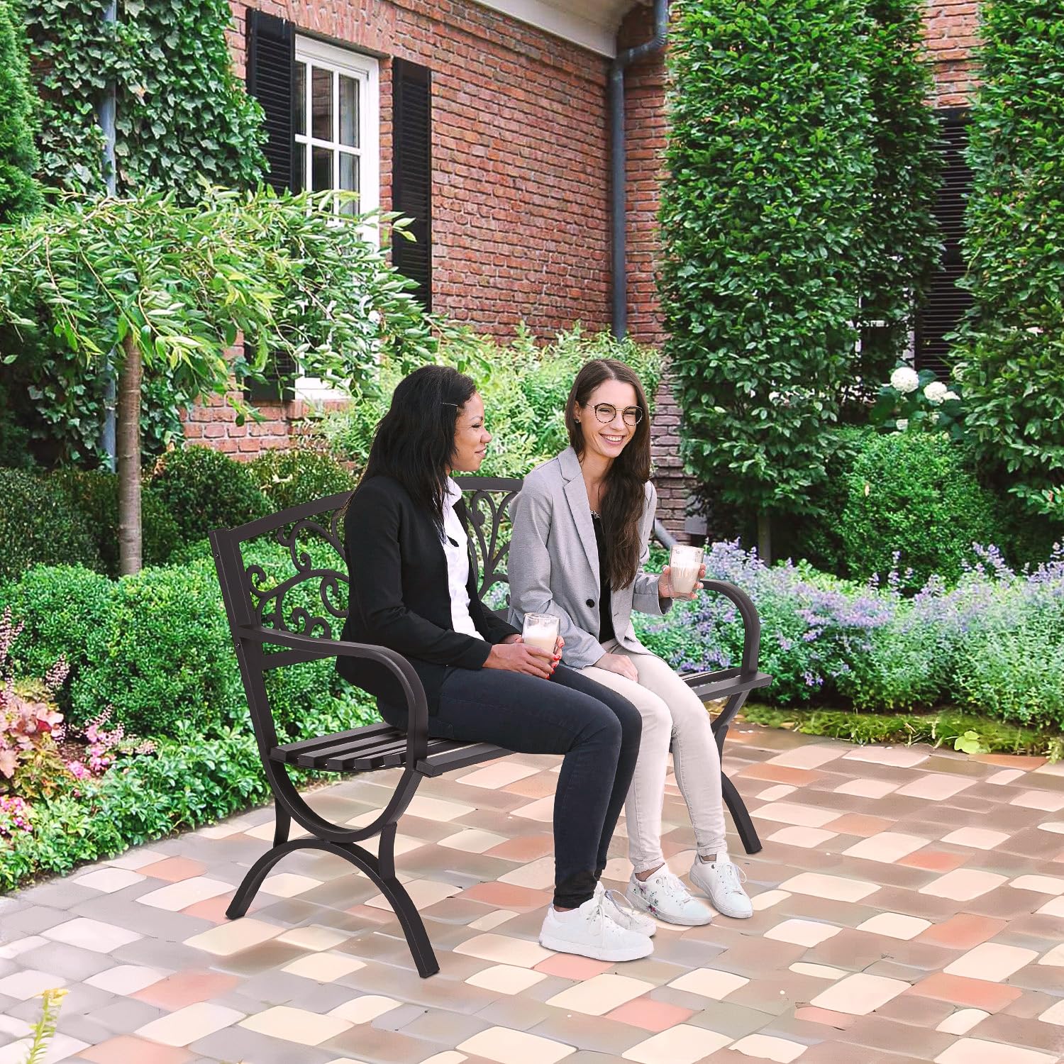 Outdoor 50 Inches Garden Bench, Slatted Seat Armrests Floral Design Backres
