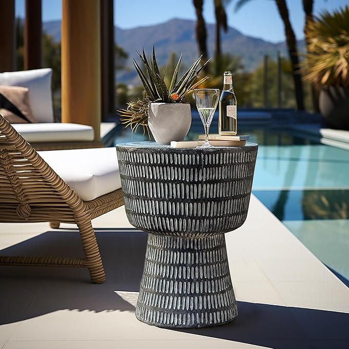 Outdoor Accent Side Table, 15'' Black Round Spiral Pattern Concrete End Table