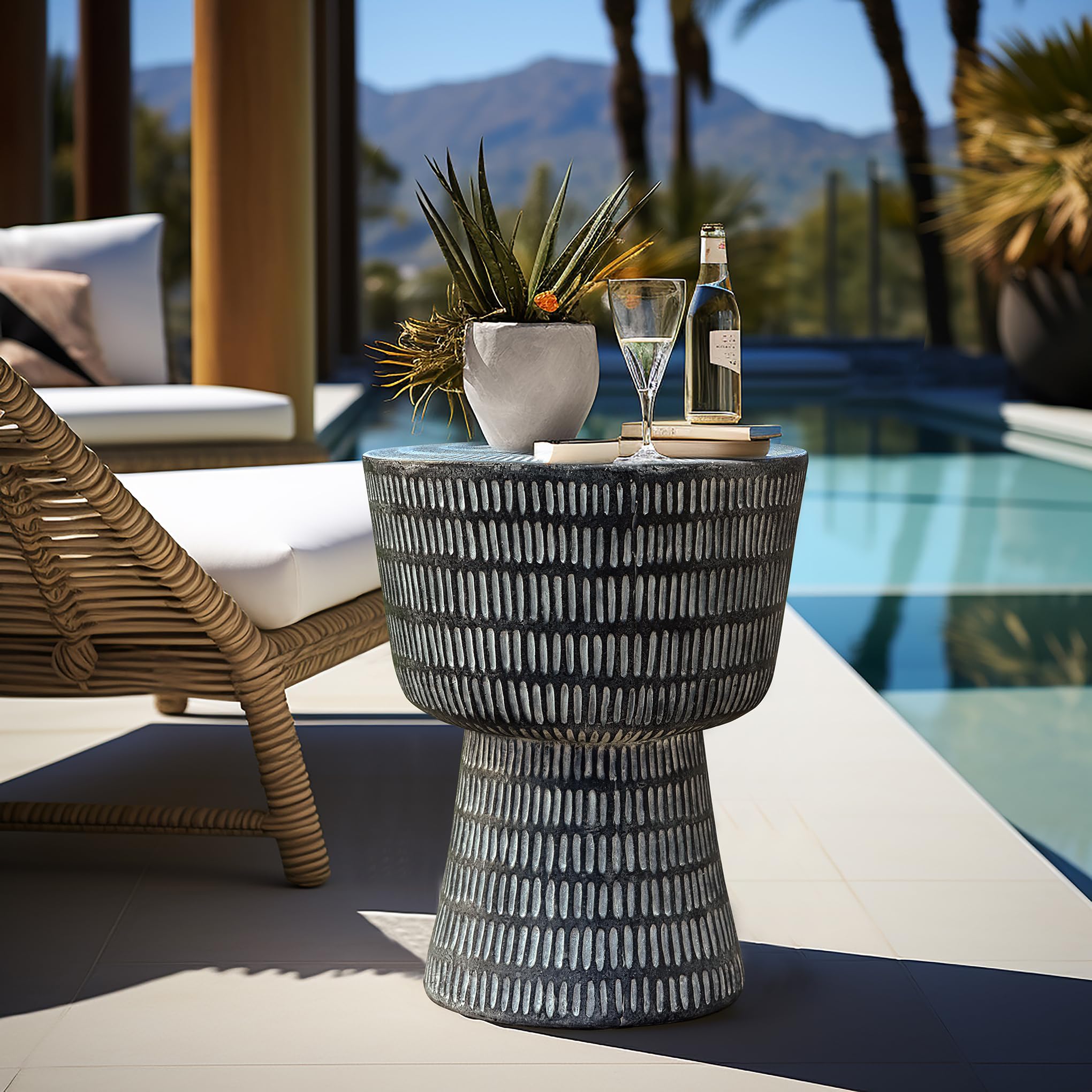 Outdoor Accent Side Table, 15'' Black Round Spiral Pattern Concrete End Table