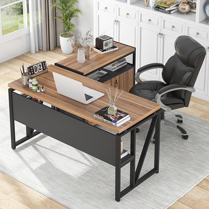 L Shaped Desk with Drawer Cabinet, 63" Executive Computer Desk and lateral File Cabinet
