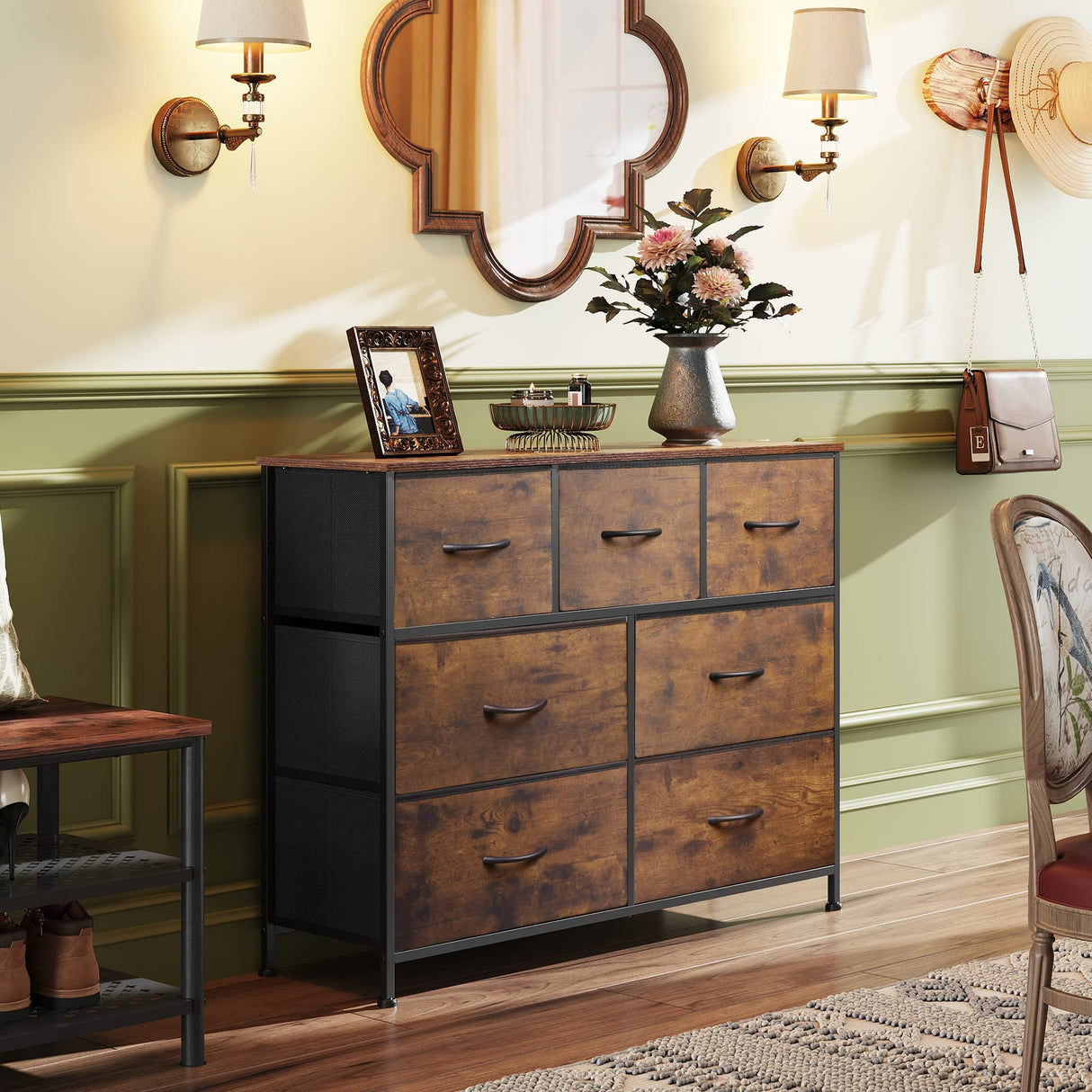 Dresser TV Stand, Entertainment Center with Fabric Chest of Drawers for Bedroom