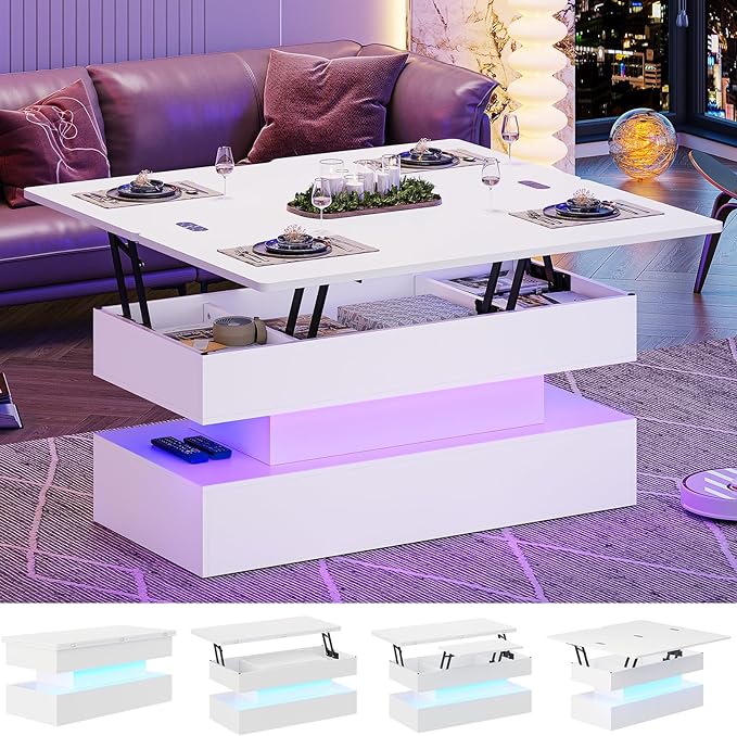 40" Lift Top Coffee Table, 4 in 1 Coffee Table with Storage & LED Light