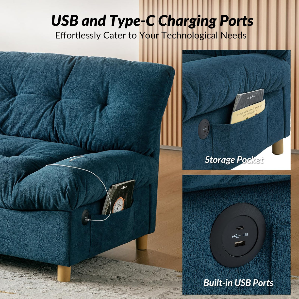 81'' Modern Cloud Couch, Overstuffed Chenille Loveseat Sofa with USB & Type C,