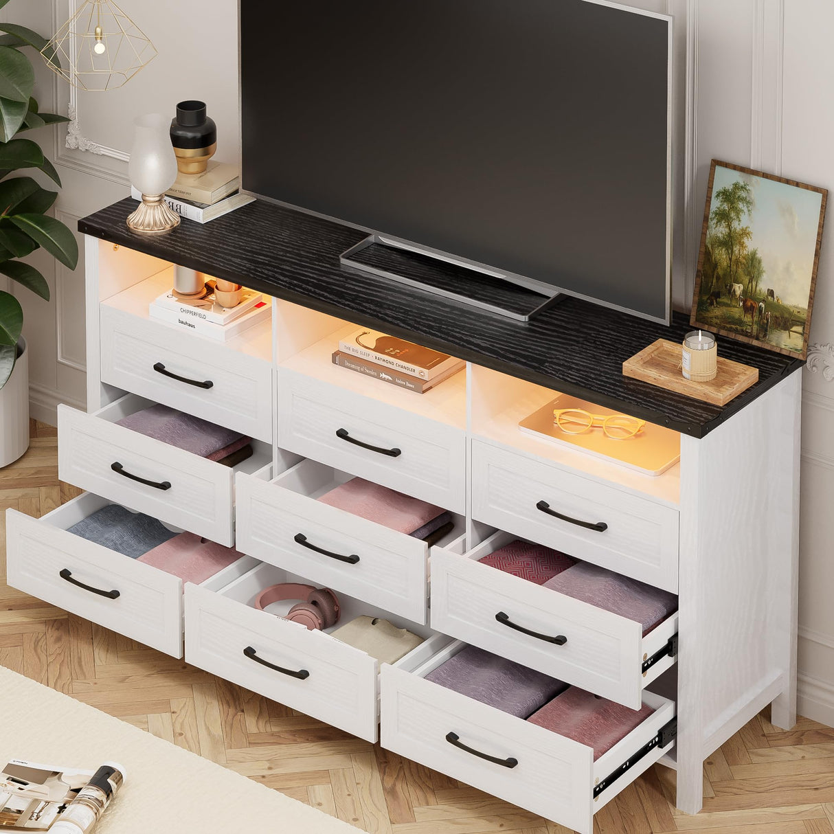 White Dresser for Bedroom 9 Drawer Dresser with LED Lights, 63" Long Dresser Chest