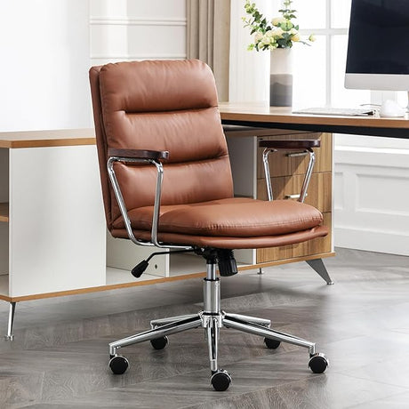 Leather Office Chair, Modern Desk Chair with Removable Wooden Armrests