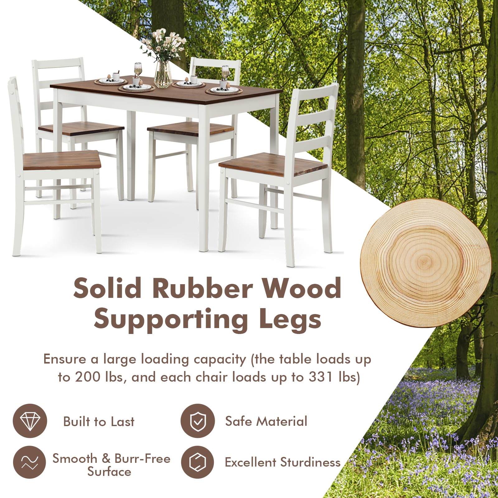 Dining Table Set for 4, Wood Kitchen Table Chairs Set with Rubber Wood Legs, Space