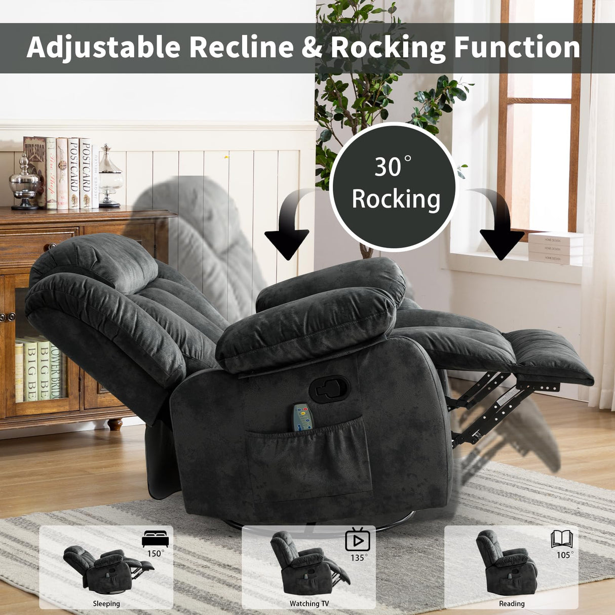 Massage Swivel Rocker Recliner Chair with Heat and Vibration, 360 Degree Swivel Manual