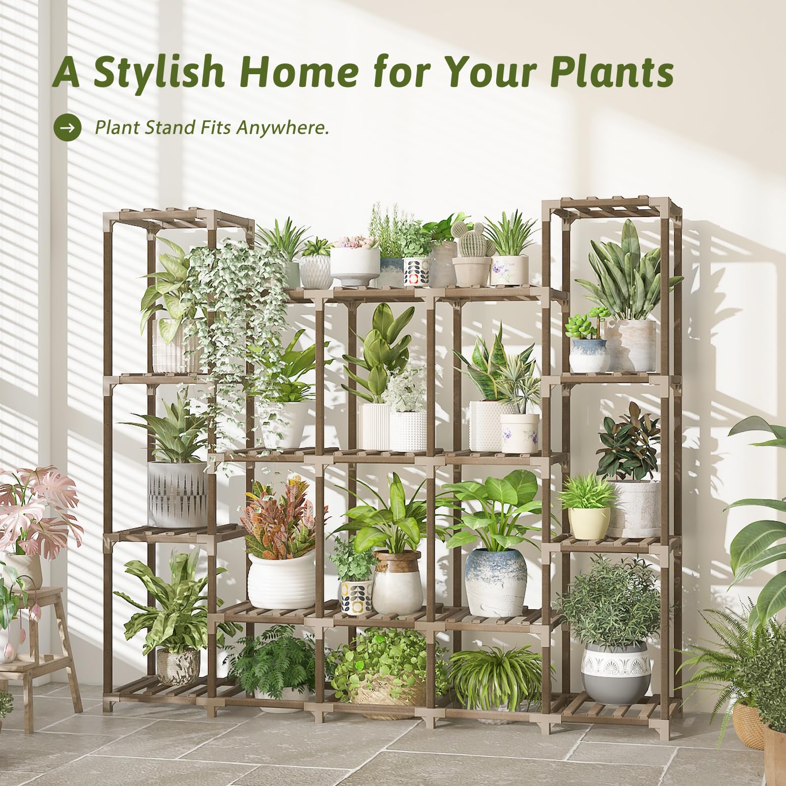 GENTINGBRO Large Wooden Plant Shelf – 5 Tier Tall Plant Stand