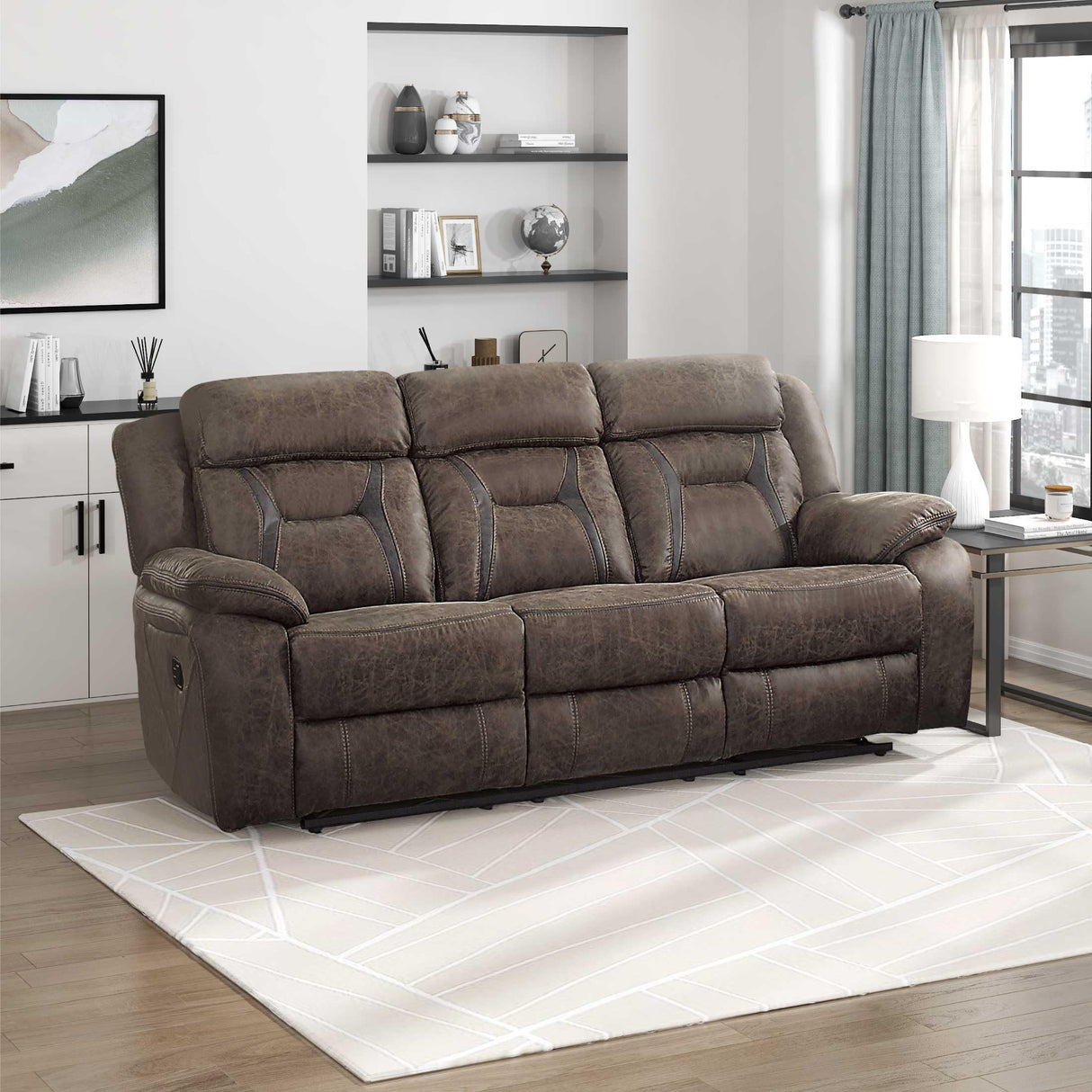 Homelegance Reclining Couch, Polished Microfiber Manual Double Recliner Sofa, Dark Brown