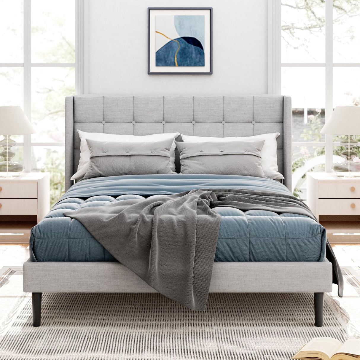 Queen Size Bed Frame with Headboard, Modern Upholstered Platform Bed Frames, Button