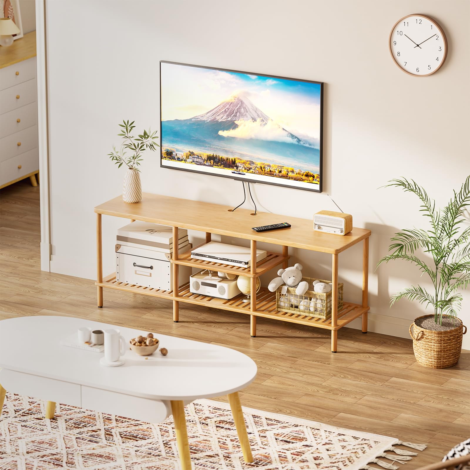 Bamboo TV Stand for 60-65 Inch TVs with 3-Tier Storage