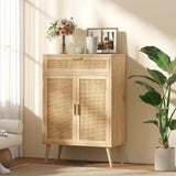 Accent Floor Storage Cabinet with Rattan Doors, Bathroom Cabinet with Large Drawer, Freestanding Storage Cabinet Organizer, Natural BMGZ107M