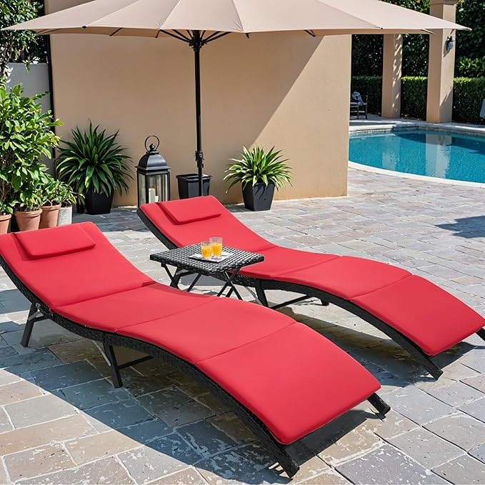 Patio Chaise Lounge with Cushions Unadjustable Modern Outdoor Furniture Set PE