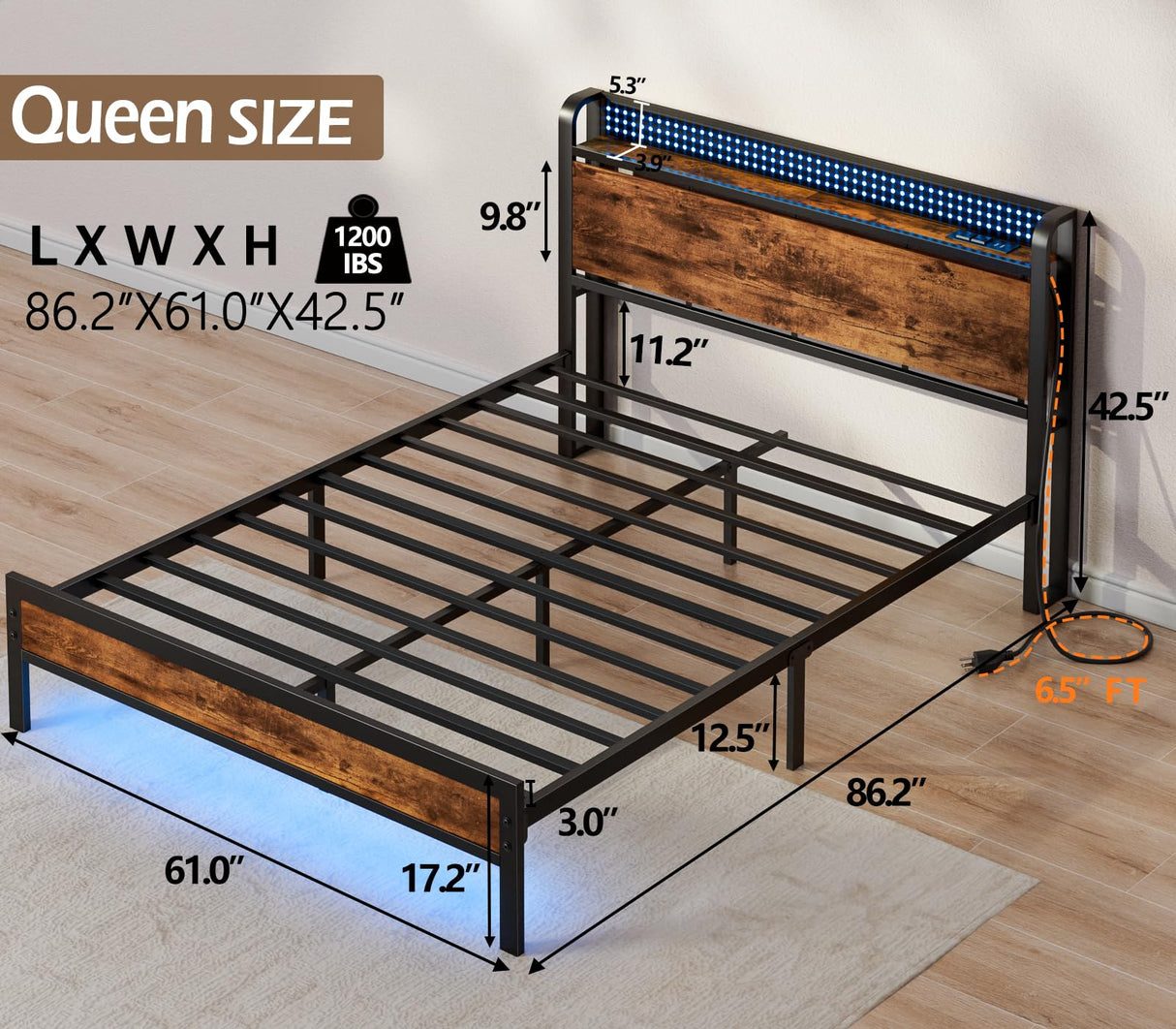 Furnulem Bed Frame with Charging Station and LED Lights,Industrial Platform Beds Queen Size with Storage Headboard,USB Port,Rustic Wood and Strong Metal Support,No Box Spring Needed, Noise Free