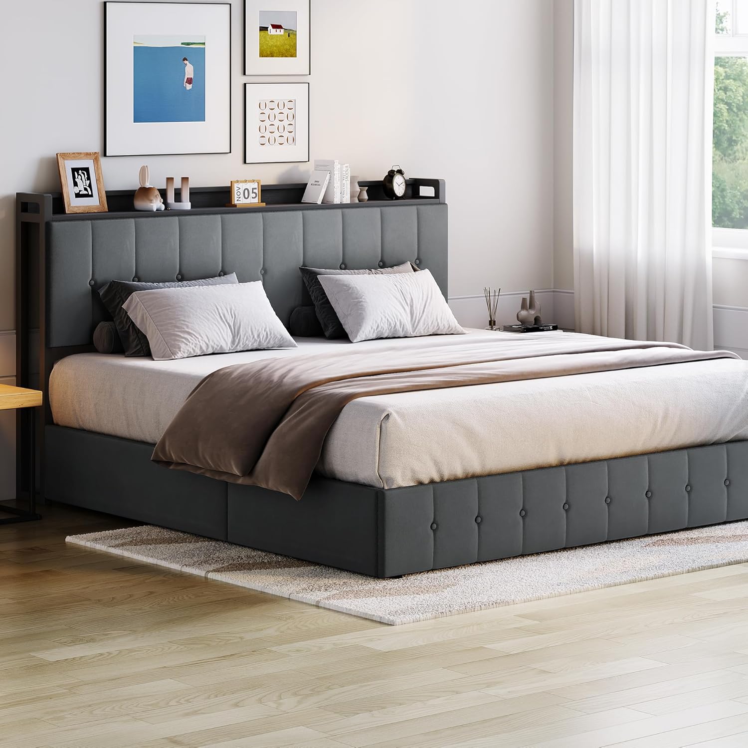 King Bed Frame with Lift-Up Storage - Upholstered Velvet Platform Bed