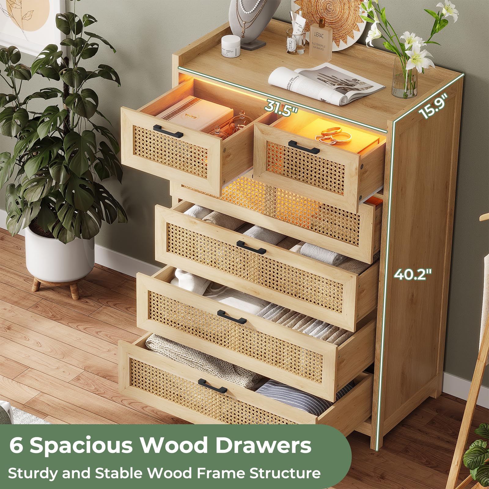 6 Drawer Dresser for Bedroom, Natural Rattan Wood Dressers with Led Light,