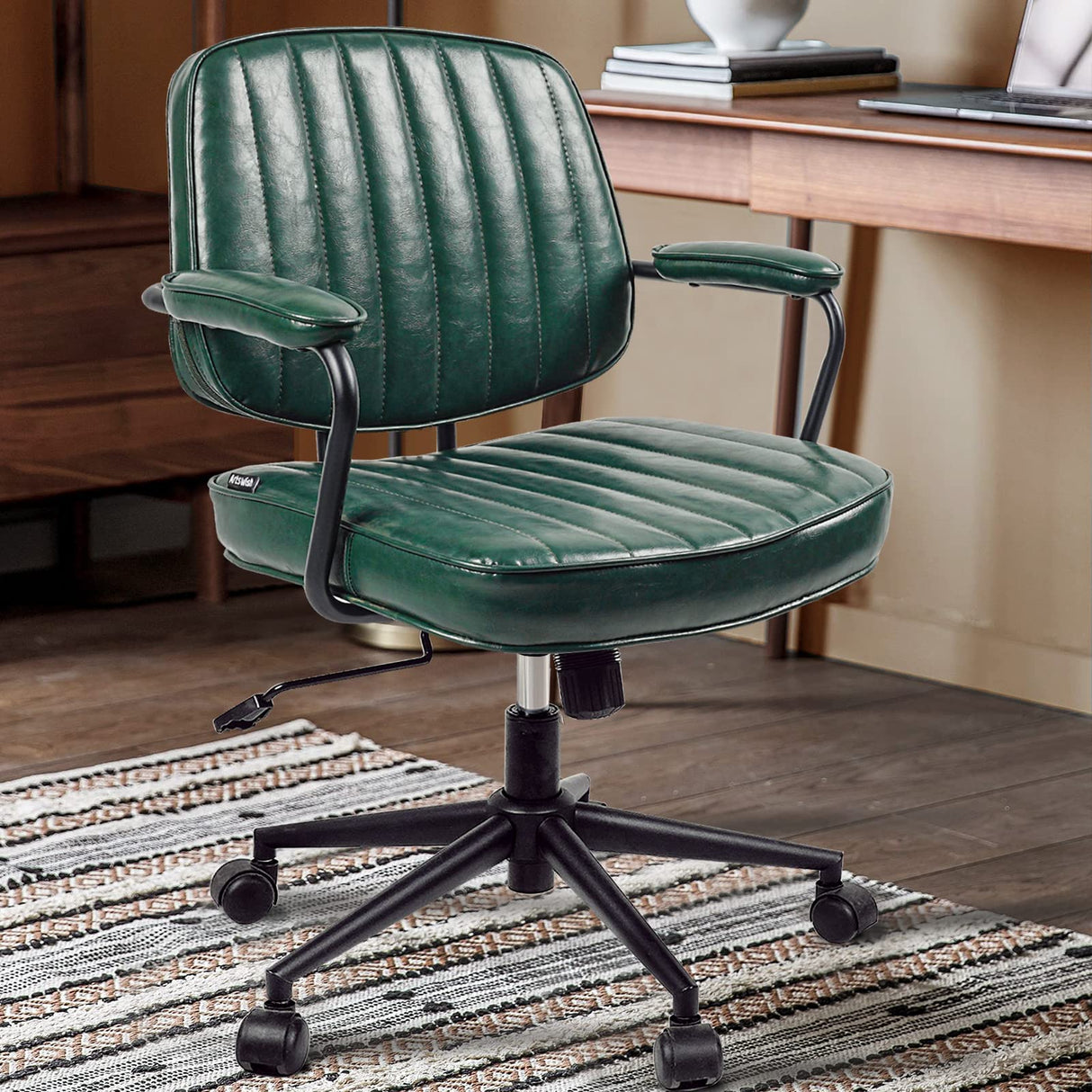 Mid-Century Green Leather Office Chair with Wheels and Arms