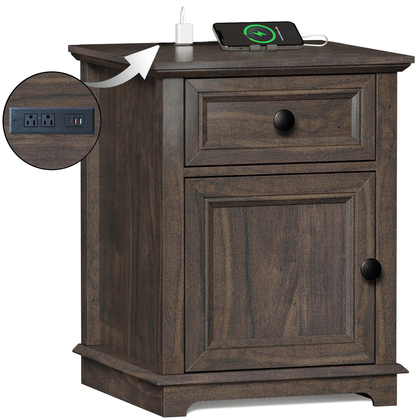 REDAYFUR 24" End Table with Fast Charging Station, Side Table with Drawer, Adjustable Shelf & Large Storage Cabinet, Vintage Wooden Nightstand for Living Room/Bedroom, Rustic Brown