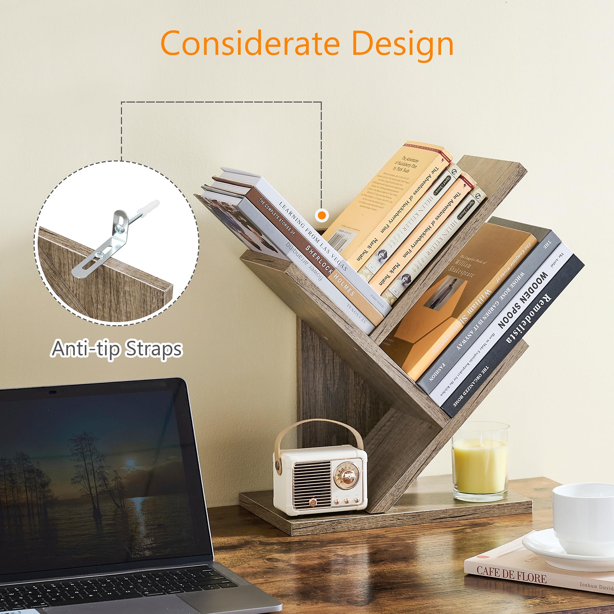 Tajsoon 3 Tier Tree Bookshelf, Small Bookshelf, Desktop Bookshelf Floor Standing Bookcase Display for CDs/Magazine/Books, Book Organizer Shelves for Bedroom, Living Room, Office, Greige